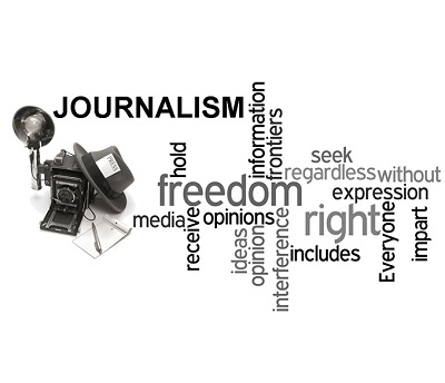 Words associated with Journalism in a black and white image.